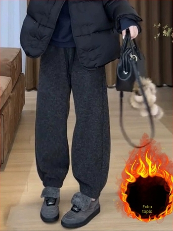 Ženske hlače s flisom, plus veličina, visok struk, ravni kroj, laskaju kruškolikoj figuri