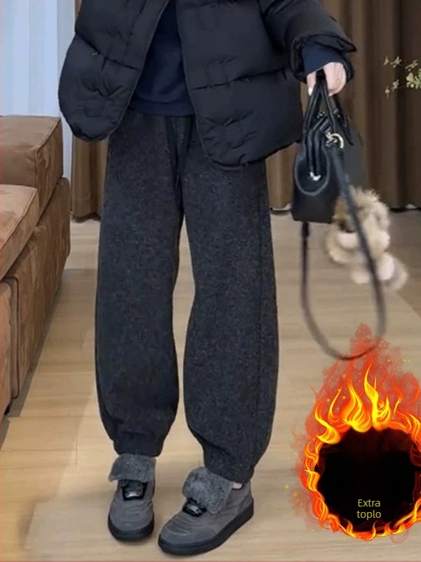 Ženske hlače s flisom, plus veličina, visok struk, ravni kroj, laskaju kruškolikoj figuri