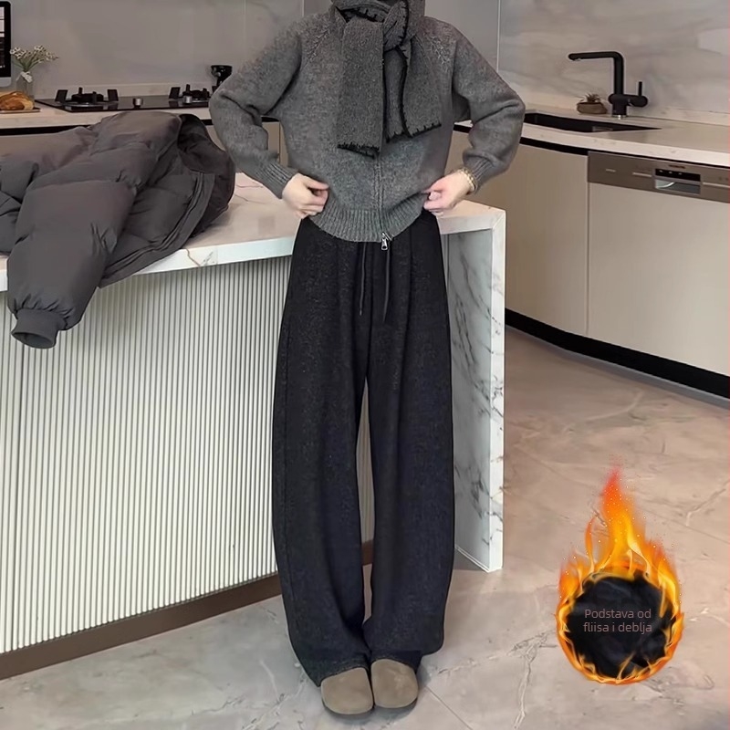 Ženske široke hlače za casualno nošenje — visoki struk, dužina do poda, poliester, japansko-korejski ležerni stil, jesen-zima 2025.