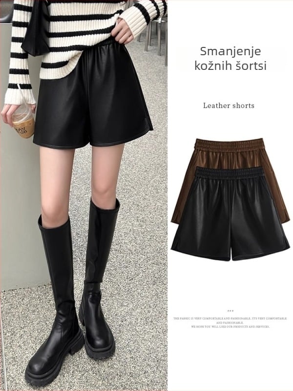 Ženske PU kožne hlače, visoki struk, slobodan kroj, duljina 3/4, japansko-korejski ležerni stil