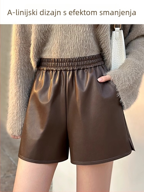 Ženske PU kožne hlače, visoki struk, slobodan kroj, duljina 3/4, japansko-korejski ležerni stil