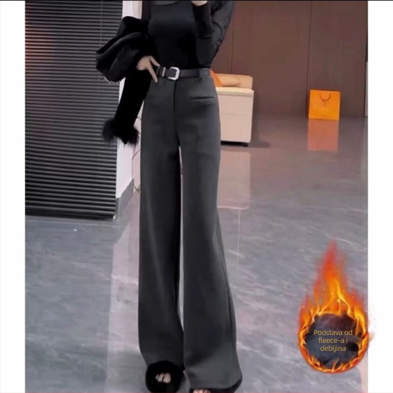 Ženske hlače s flis podstavom, ravnog kroja, visokim strukom, debeli zimski stil