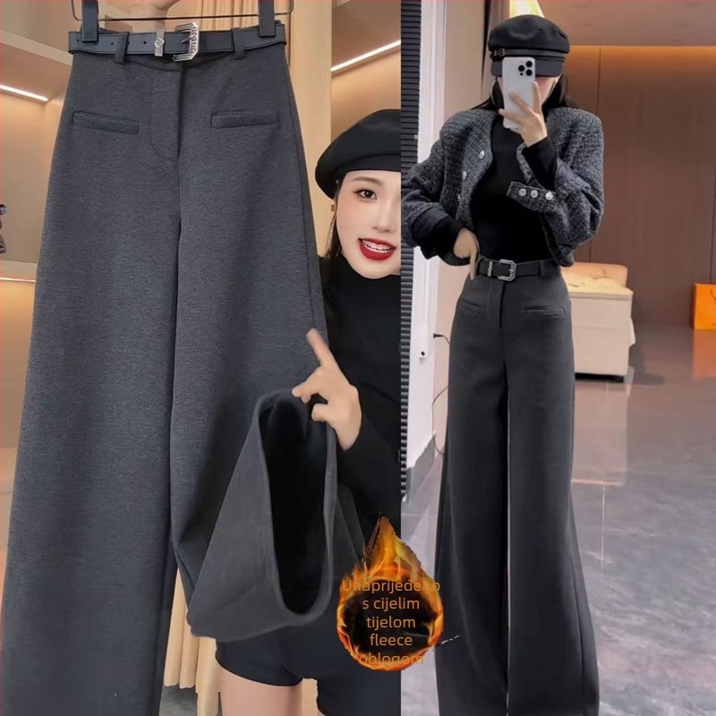 Ženske hlače s flis podstavom, ravnog kroja, visokim strukom, debeli zimski stil