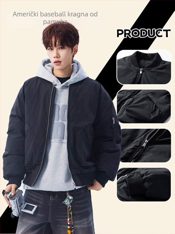 Muška jakna od poliestera sa stojećim ovratnikom, prednji zip, debela podstava, bočni džepovi – zima