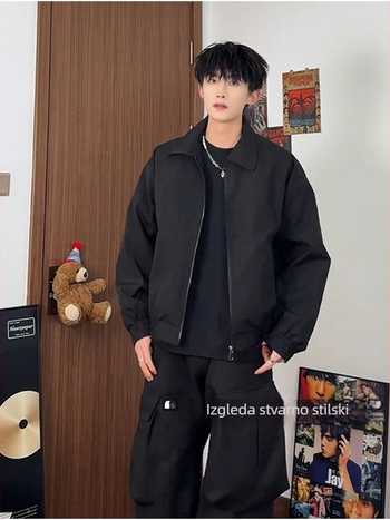 Muška jakna u japanskom retro stilu, otporan na vjetar poliester, zatvarač, širok kroj, dugi rukavi