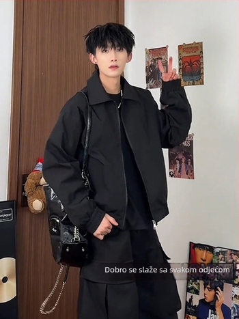 Muška jakna u japanskom retro stilu, otporan na vjetar poliester, zatvarač, širok kroj, dugi rukavi