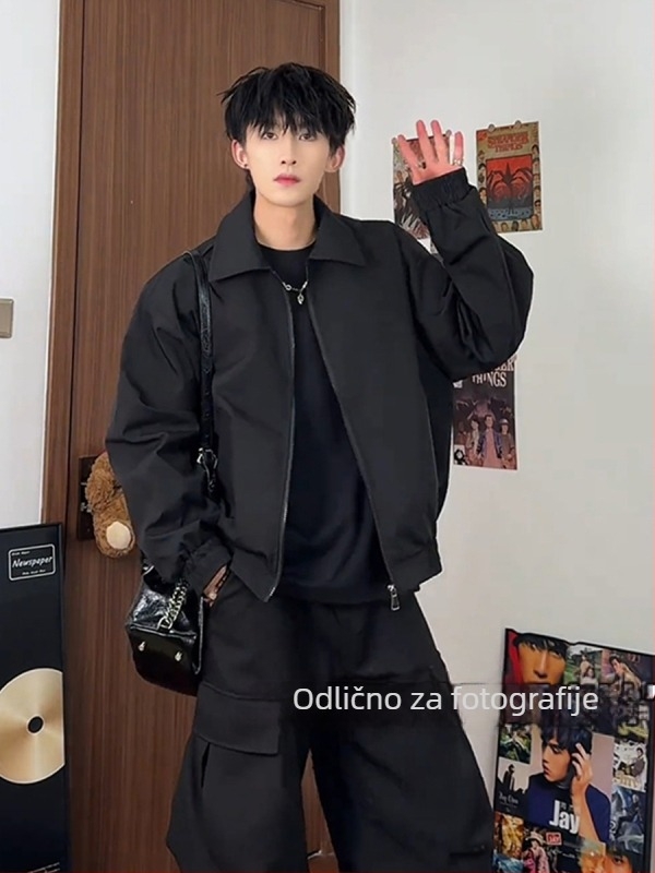 Muška jakna u japanskom retro stilu, otporan na vjetar poliester, zatvarač, širok kroj, dugi rukavi