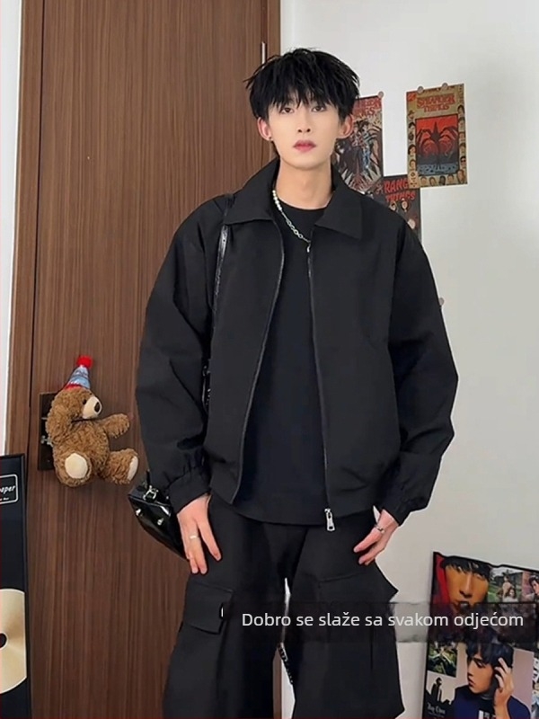 Muška jakna u japanskom retro stilu, otporan na vjetar poliester, zatvarač, širok kroj, dugi rukavi