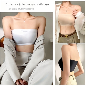 Bez naramenica grudnjaka s fiksnom punom košarom; oblik: gornja tanka, donja debela; 80–90% najlon; funkcije: skuplja, protiv klizanja, udoban