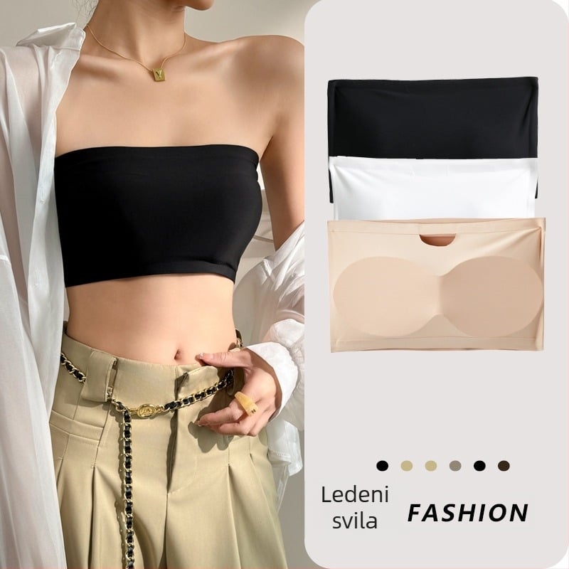 Bez naramenica grudnjaka s fiksnom punom košarom; oblik: gornja tanka, donja debela; 80–90% najlon; funkcije: skuplja, protiv klizanja, udoban