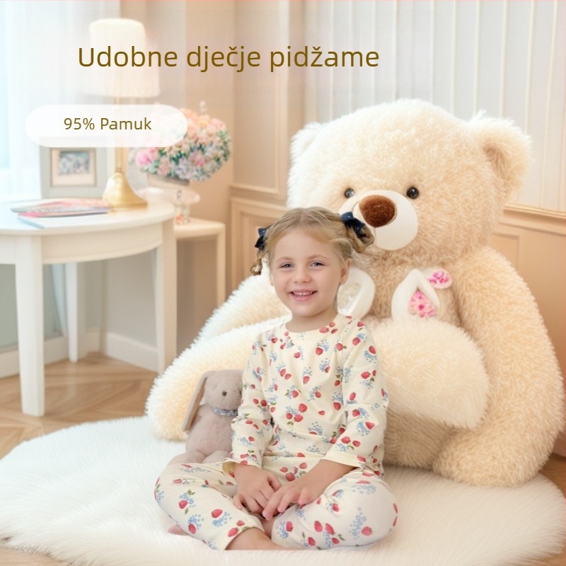 Dječji pamučni pidžama set s dugim rukavima, unisex, antibakterijski, 95% pamuk, uzorci crtani/ cvijeće, okrugli ovratnik