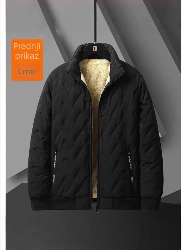 Muški zimski kaput od pamuka s punjenjem od pamuka, podstavljeno fleeceom, otporan na vjetar, kapuljača, stojeći ovratnik, džepovi sa zipom