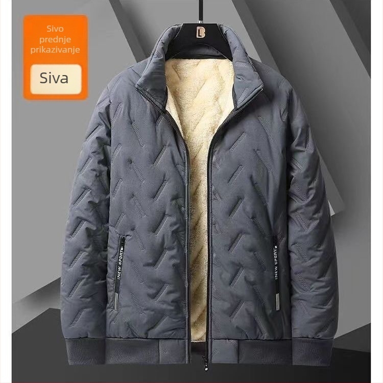 Muški zimski kaput od pamuka s punjenjem od pamuka, podstavljeno fleeceom, otporan na vjetar, kapuljača, stojeći ovratnik, džepovi sa zipom