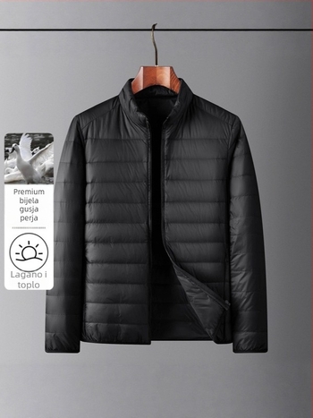 Muška zimska lagana jakna s puhom od patke, kratka, stojeći ovratnik, zip zatvarač; udio perja 86–90%, punjenje 550
