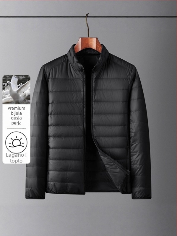 Muška zimska lagana jakna s puhom od patke, kratka, stojeći ovratnik, zip zatvarač; udio perja 86–90%, punjenje 550