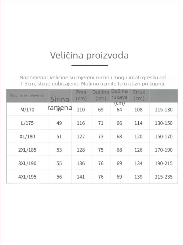 Muška zimska lagana jakna s puhom od patke, kratka, stojeći ovratnik, zip zatvarač; udio perja 86–90%, punjenje 550