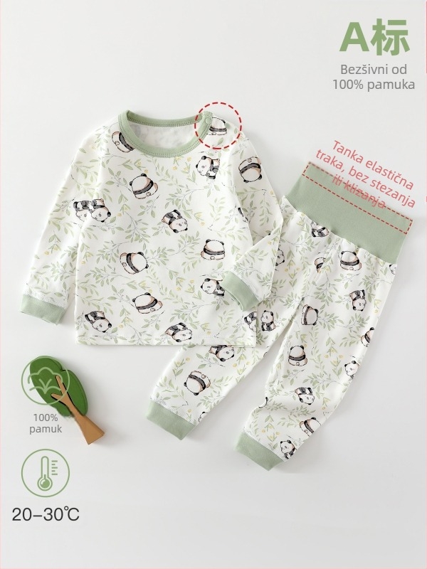Dječji zimski 2-dijelni set donjeg rublja – unisex, novorođenčad 0–12 mj, 100% pamuk, karikatura uzorak, visoki struk za zaštitu trbuha, ležerni stil
