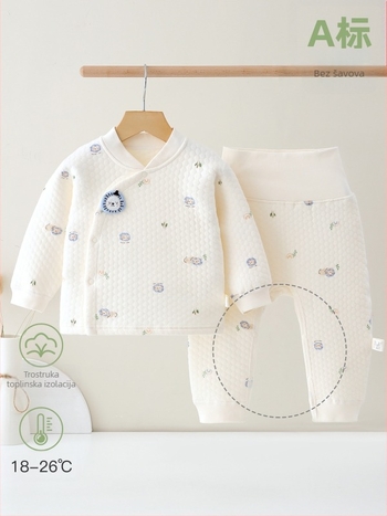 Dvodijelni pamučni zimski topli dječji termalni set, unisex, V-izrez, crtić uzorak, mekan tretman materijala