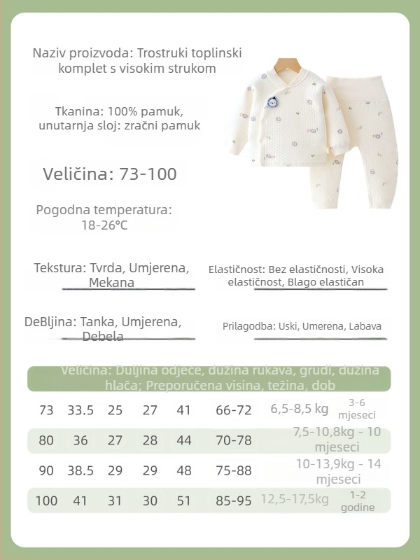 Dvodijelni pamučni zimski topli dječji termalni set, unisex, V-izrez, crtić uzorak, mekan tretman materijala