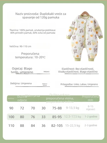 Dječji vreći za spavanje s podijeljenim nogama; vanjski i podstava od čistog pamuka 95%+; punilo space cotton; odvojive rukave; strojno pranje