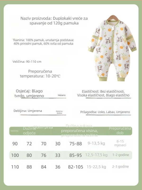 Dječji vreći za spavanje s podijeljenim nogama; vanjski i podstava od čistog pamuka 95%+; punilo space cotton; odvojive rukave; strojno pranje