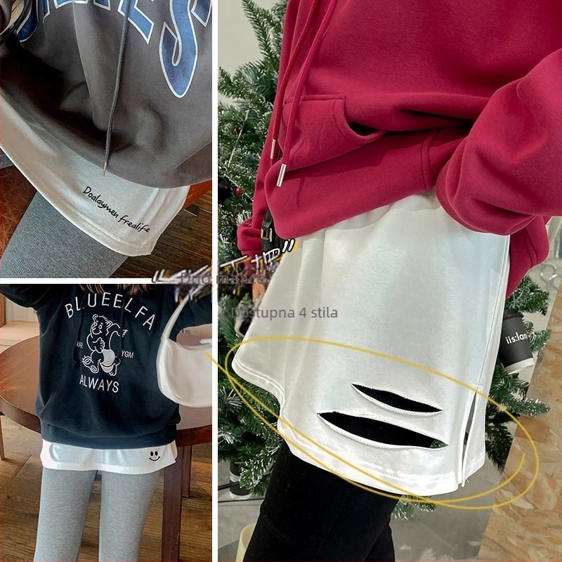 Jesenja terry pamuk pleteni hoodie, osnovni sloj, lažni slojeviti dizajn, dugi rukavi, srednja duljina