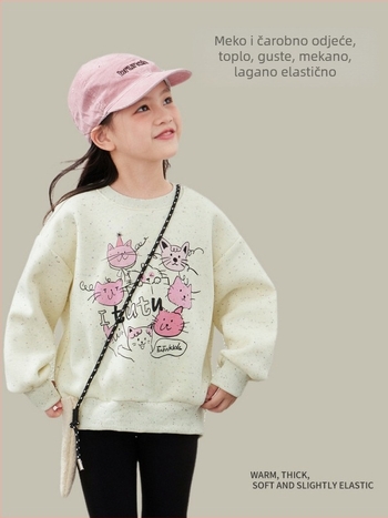 Dječji pulover od pamuka s fleece unutrašnjom, debeli, s okruglim izrezom, dugim rukavima, uzorak crtići/slova, za dob 3-8 godina, zima i jesen.