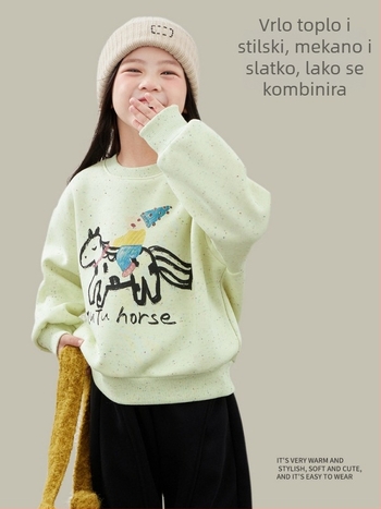 Dječji pulover od pamuka s fleece unutrašnjom, debeli, s okruglim izrezom, dugim rukavima, uzorak crtići/slova, za dob 3-8 godina, zima i jesen.