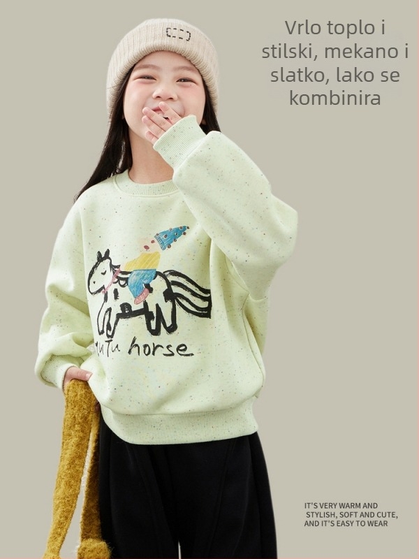 Dječji pulover od pamuka s fleece unutrašnjom, debeli, s okruglim izrezom, dugim rukavima, uzorak crtići/slova, za dob 3-8 godina, zima i jesen.