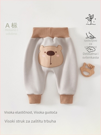 Pidžama hlače za djecu od plišanog pamuka, visoki pojas za zaštitu trbuha, unutarnje fleece, 94% pamuk + 6% elastan, proljeće–jesen, uzrast 1–3 godine