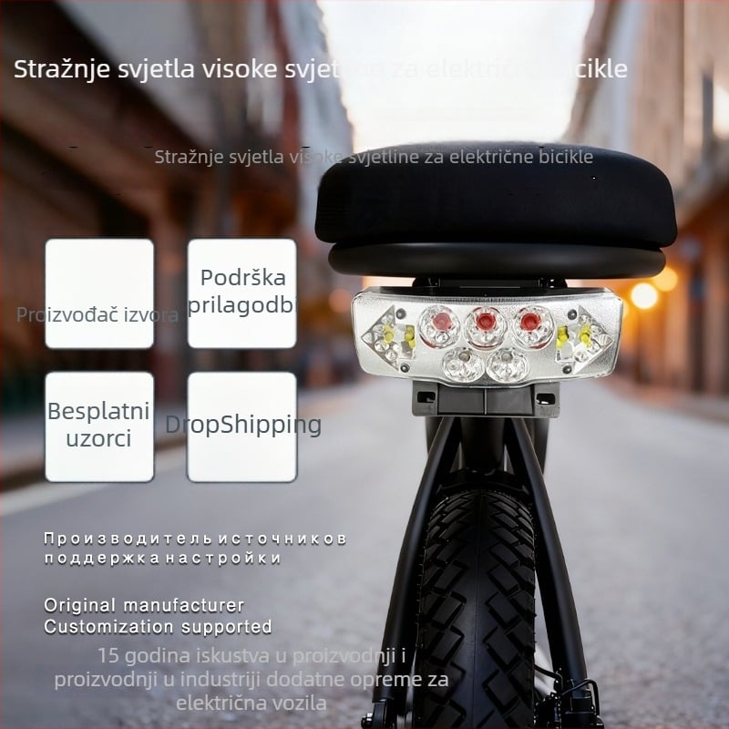LED 2-u-1 stražnje svjetlo za električni bicikl s pokazivačem – 3W, 36–72V, model D-03A, vijek trajanja 30.000 h