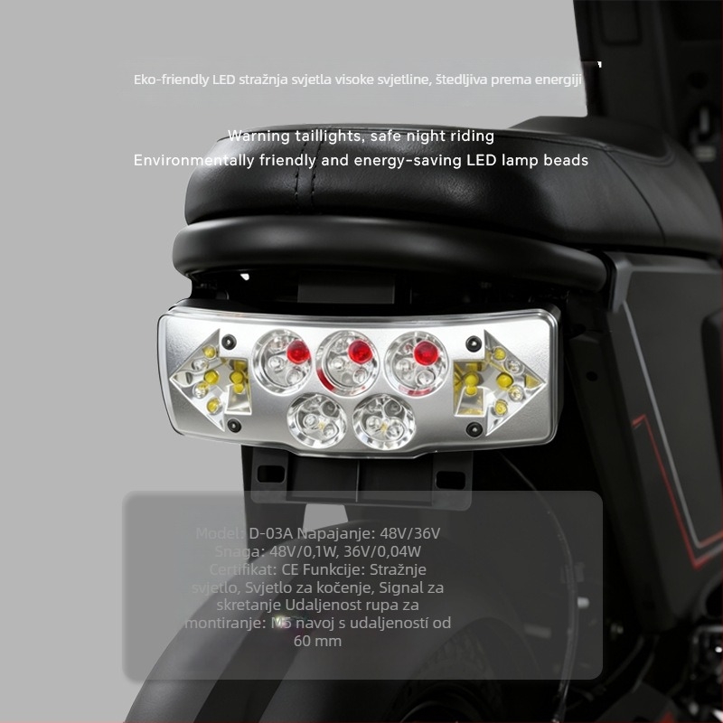 LED 2-u-1 stražnje svjetlo za električni bicikl s pokazivačem – 3W, 36–72V, model D-03A, vijek trajanja 30.000 h