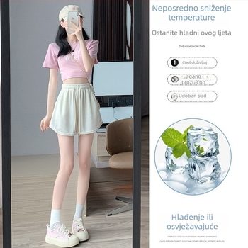 Ženske Ice Silk šorceve - visoki struk, korejskog stila, ravni kroj, Ice Silk tkanina, pamuk-elastan mješavina