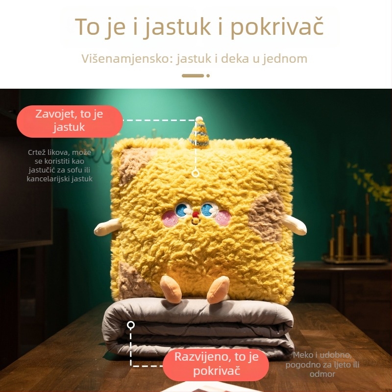 Automobilska jastučnica‑deka 2‑u‑1 za odmor u uredu i udobnost na stražnjem sjedalu – vanjska tkanina teddy velur, izšivana i quiltana, poliester punilo, crtani stil