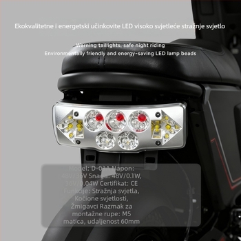 LED stražnja svjetiljka za električni bicikl – dvostruka funkcija, sklopiva, model D-03a, 3 LED, 36-72V, radni vijek 30000 sati