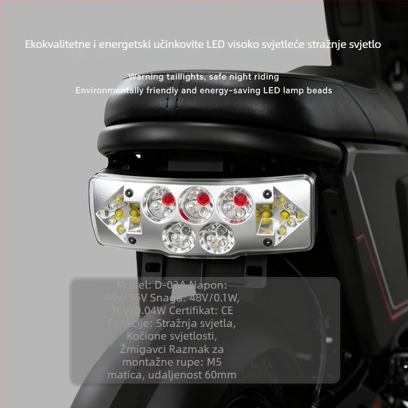 LED stražnja svjetiljka za električni bicikl – dvostruka funkcija, sklopiva, model D-03a, 3 LED, 36-72V, radni vijek 30000 sati