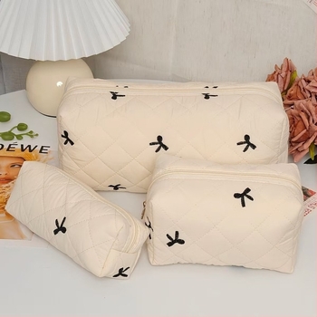 Prenosna torbica za make-up s velikim kapacitetom, mašna detalj, prešivena pamuk tkanina, podstava od poliestera, zatvaranje preklopnim poklopcem