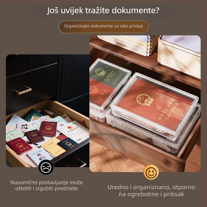 A4 kutija za dokumente – PP materijal, oblik torbice, organizator za CD-ove, knjige i razglednice; pogodno za spavaću sobu, putovanja i stolni prostor
