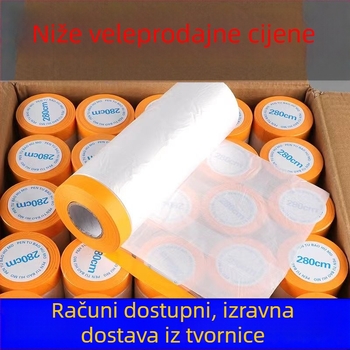 Zaštitni maskirajući film za prskanje boja s PE folijom i japanskim papirom; zaštita od prašine za automobile i namještaj. Širina 55–450 cm, duljina 6,5–20 m, prozirnost 80%, jaka adhezija.