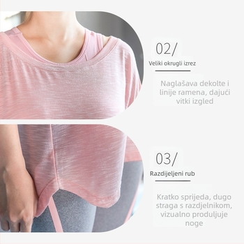 Solabe ženski slobodni fitness top – prozračan, brzo sušeći pleteni materijal, 65% viskoza, 30% poliester, 5% spandeks, okrugli izrez, 3/4 rukav