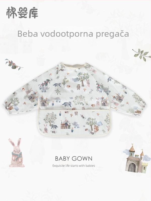Unisex dugački rukavi vodootporni dječji jedilni smock, 100% poliester, ručno crtani uzorak, za sve sezone, za bebe i predškolce 1–3 godine, sigurnosna klasa A