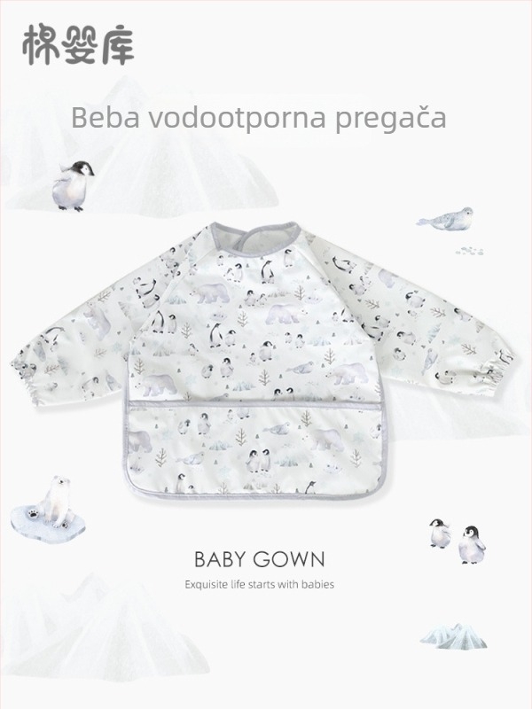 Unisex dugački rukavi vodootporni dječji jedilni smock, 100% poliester, ručno crtani uzorak, za sve sezone, za bebe i predškolce 1–3 godine, sigurnosna klasa A