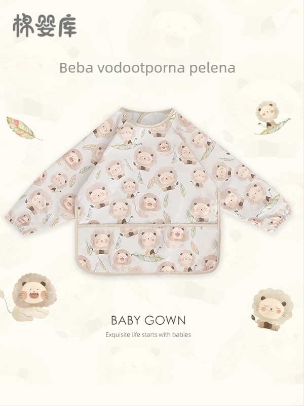 Unisex dugački rukavi vodootporni dječji jedilni smock, 100% poliester, ručno crtani uzorak, za sve sezone, za bebe i predškolce 1–3 godine, sigurnosna klasa A