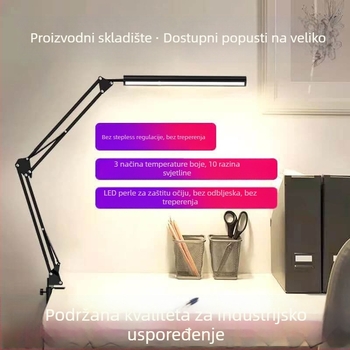 LED dugačka stolna svjetiljka s klipom, trobojno podešavanje osvjetljenja, zaštita očiju, USB napajanje, metalna sjenica, gumb prekidač, CE