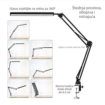 LED dugačka stolna svjetiljka s klipom, trobojno podešavanje osvjetljenja, zaštita očiju, USB napajanje, metalna sjenica, gumb prekidač, CE