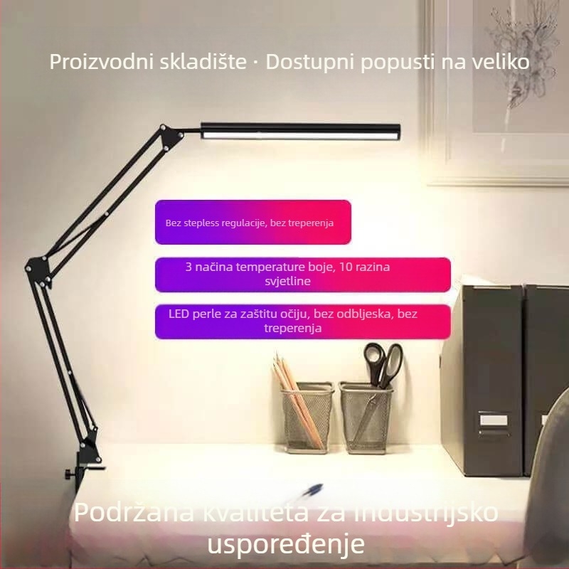 LED dugačka stolna svjetiljka s klipom, trobojno podešavanje osvjetljenja, zaštita očiju, USB napajanje, metalna sjenica, gumb prekidač, CE