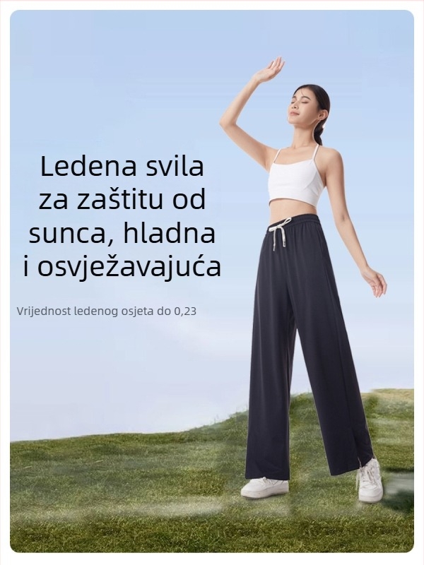 Ice Silk s UV zaštitom za žene, široke hlače do poda, visoki struk, Nylon-Spandex smjesa, Mercerizirani završni sloj
