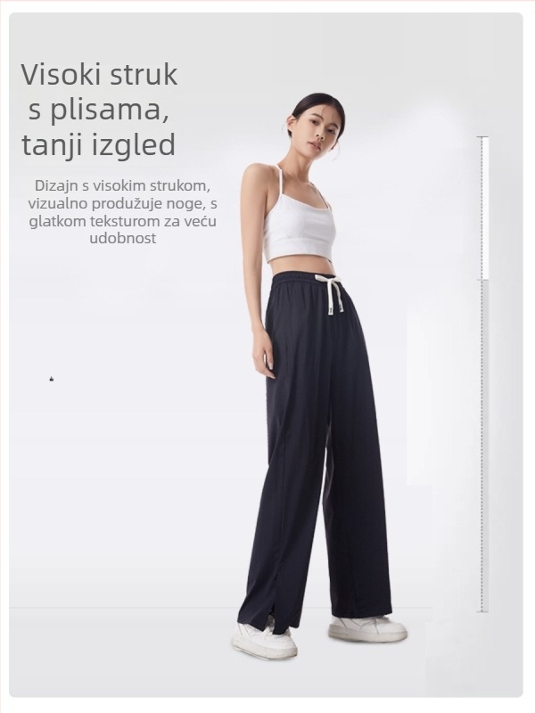 Ice Silk s UV zaštitom za žene, široke hlače do poda, visoki struk, Nylon-Spandex smjesa, Mercerizirani završni sloj