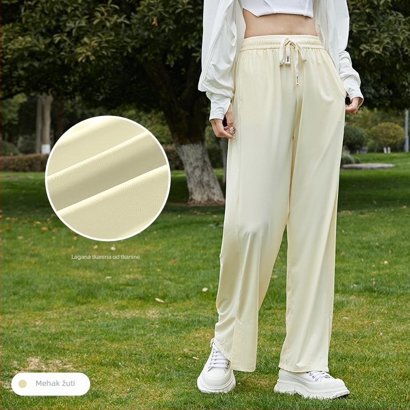 Ice Silk s UV zaštitom za žene, široke hlače do poda, visoki struk, Nylon-Spandex smjesa, Mercerizirani završni sloj