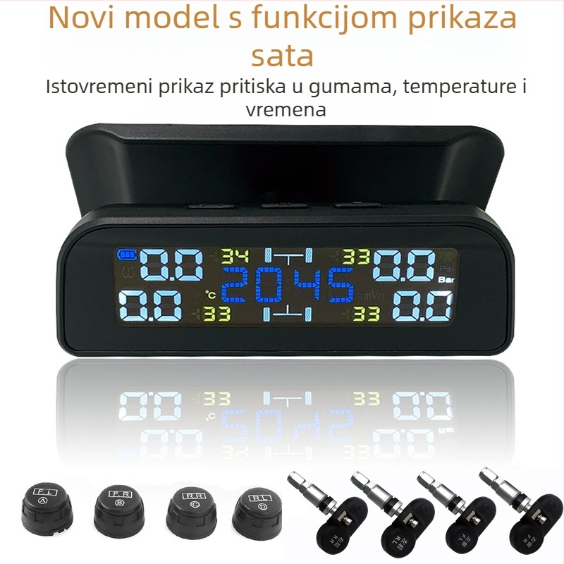 Vanjski TPMS s solarnim napajanjem i bežičnim prikazom, model T12, digitalni zaslon, visoka preciznost, ugrađena glasovna funkcija